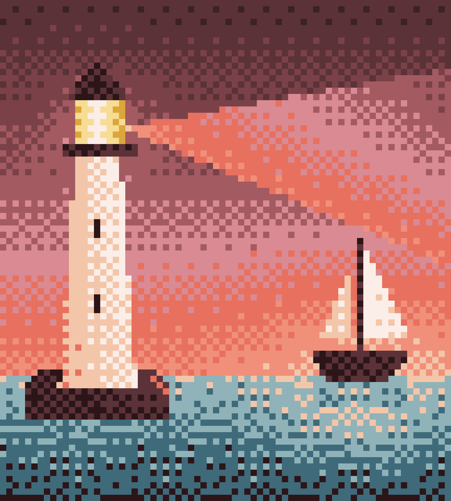 Pixel mosaic of a white lighthouse at dusk, its lamp casting a beam across a blue sea to a small sailing boat.